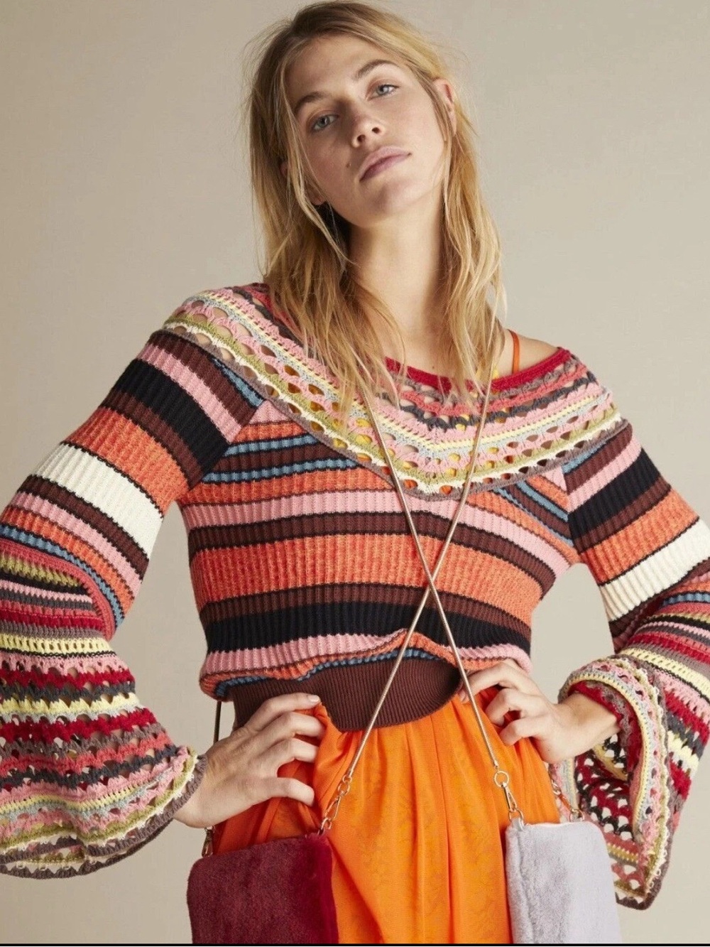 Free People Heart and Soul Rainbow Striped Crochet Sweater M